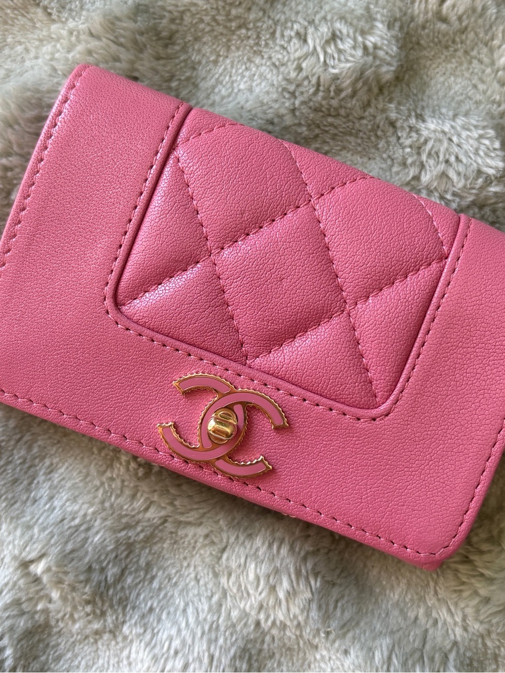 CHANEL Pink Quilted Leather Card Case with Gold CC Logo